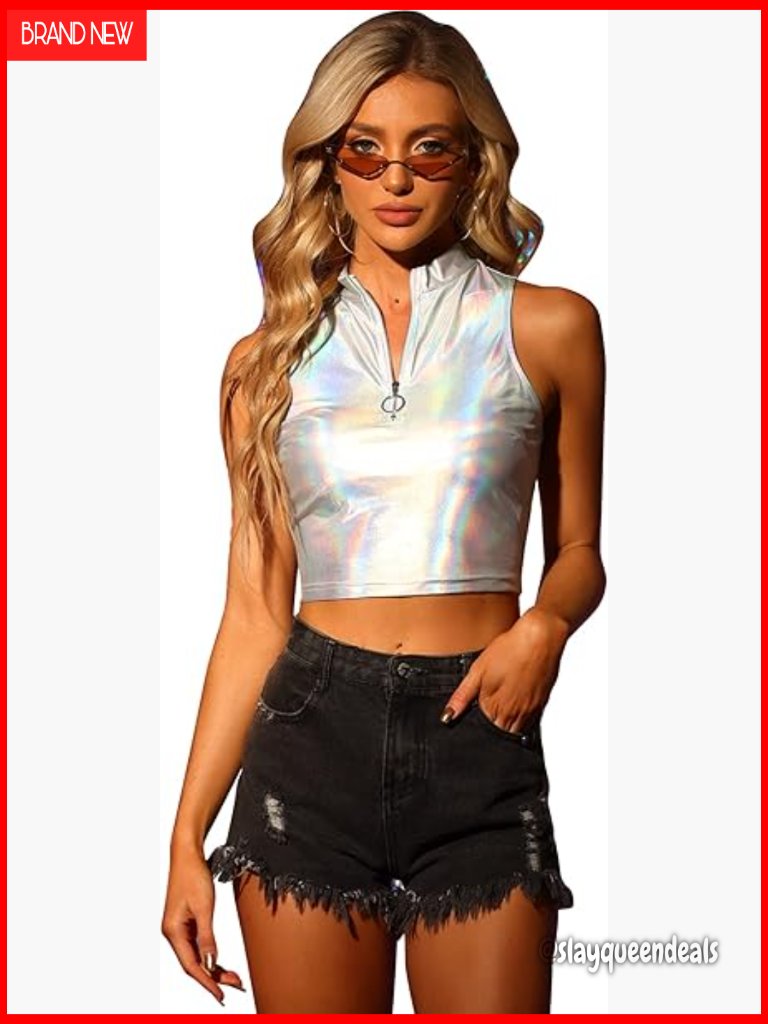 Metallic Crop Top Mock Neck Zipper Front Sleeveless Shiny Holographic Tank